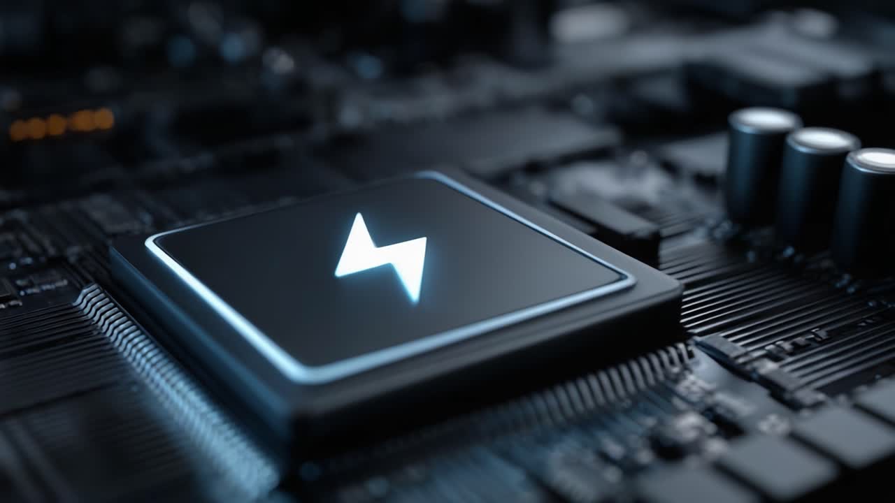 Primer plano de un microprocesador moderno con un icono de energía dinámico en una placa de circuito de alta tecnología, que ilustra tecnología y diseño avanzados.