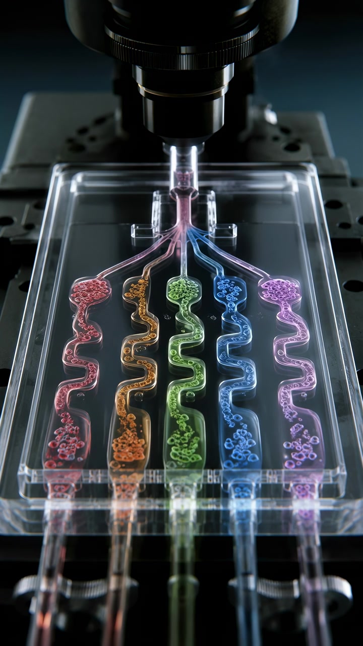 Top view shows colored translucent liquid entering circular reservoirs and branching into five serpentine microchannels on clear chip, with bubbles, glossy reflections, and precise lab detail