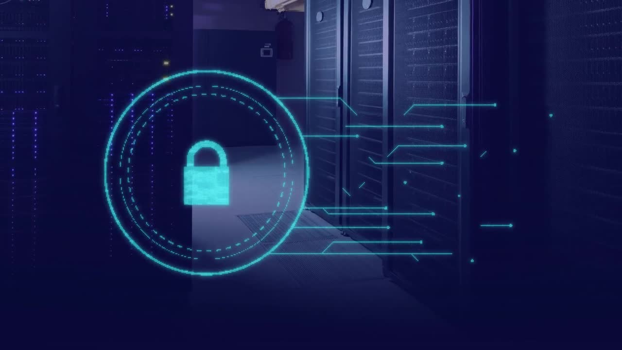 icono de candado de seguridad y procesamiento de datos de seguridad cibernética contra la sala de servidores de computadoras