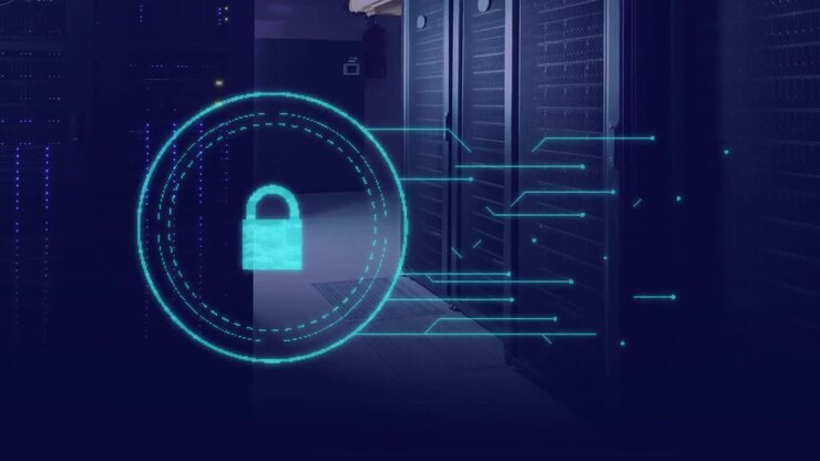 Security padlock icon and cyber security data processing against computer server room