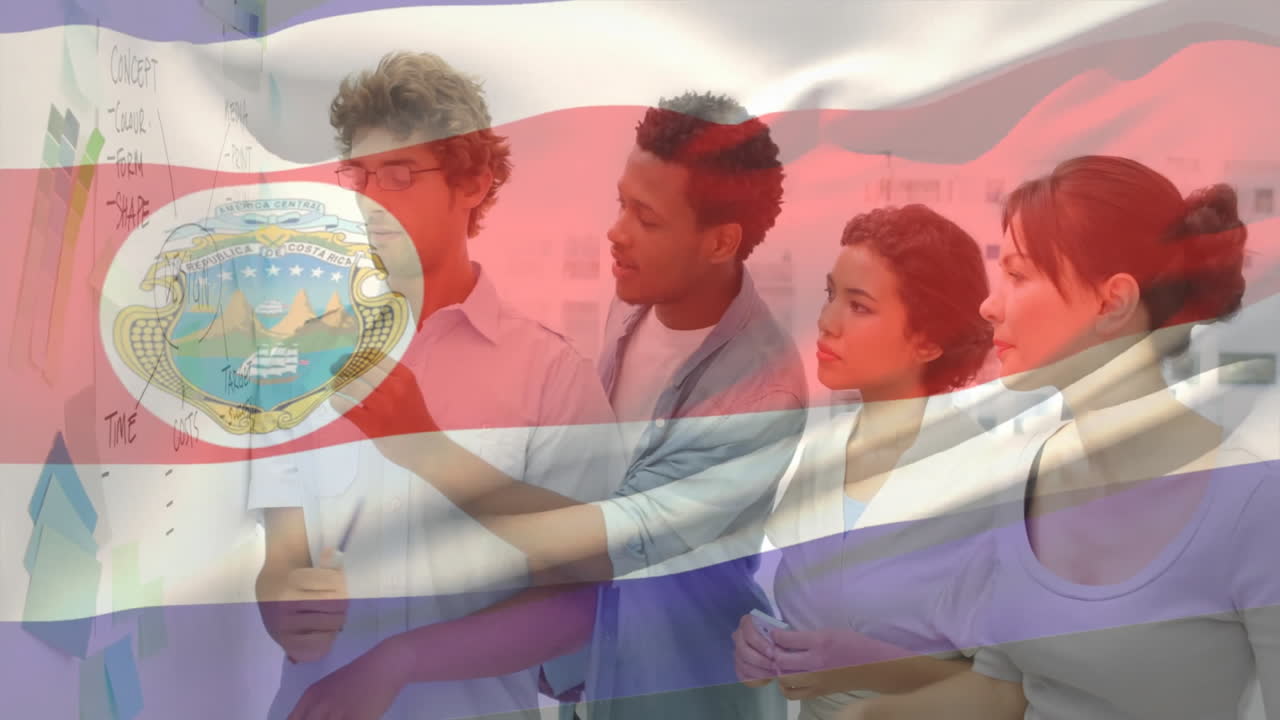 Collaborating on project, group creating animation of Costa Rica flag in school