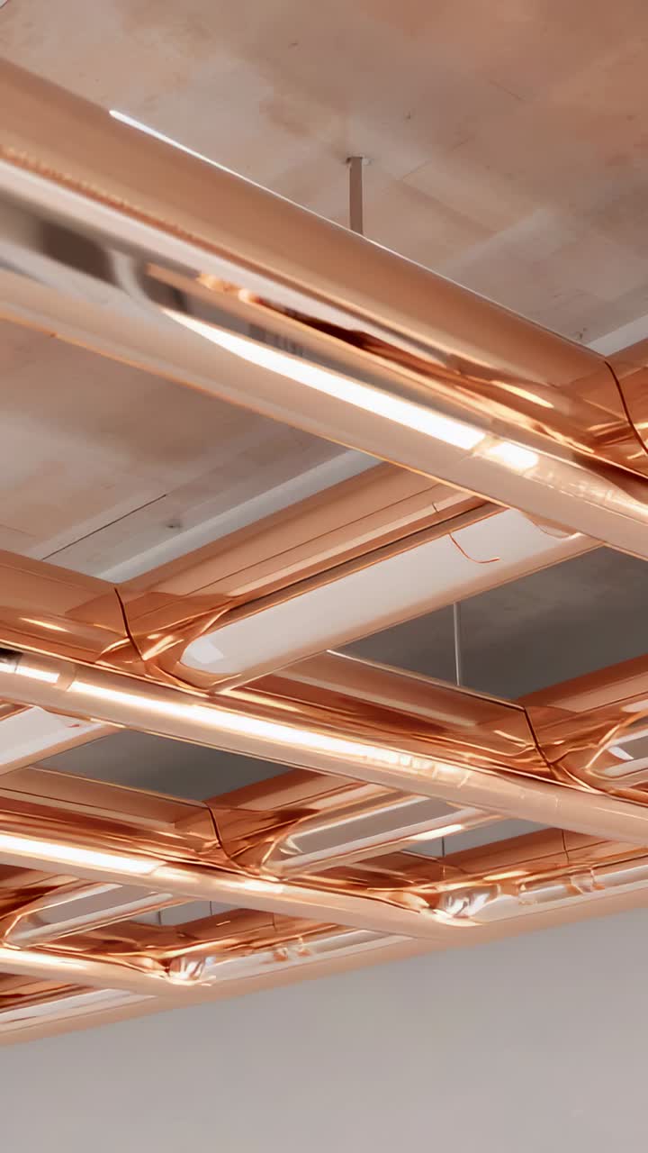 Video verticale: angolazione della camera inclinata che rivela una griglia di illuminazione in rame in uno showroom mentre mostra i diffusori