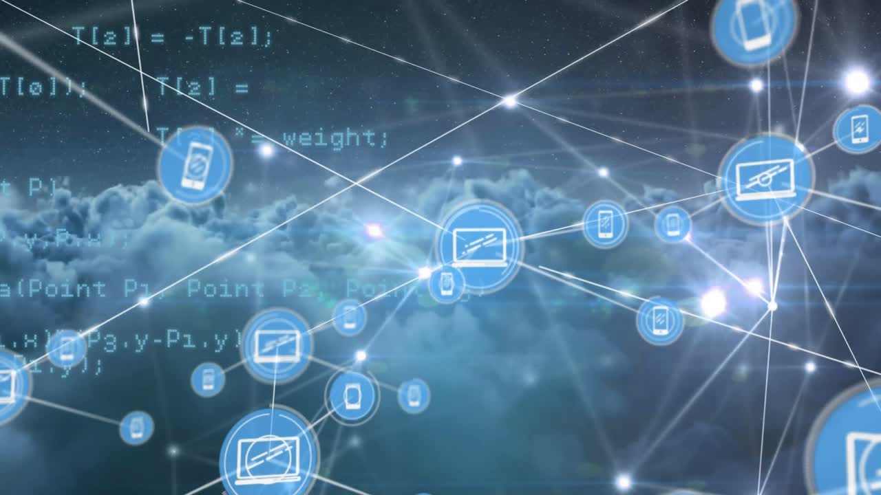 Animation of connected icons and illuminated dots over computer language and dense clouds