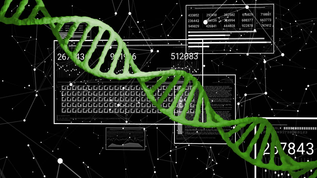 DNA strand and scientific data processing animation over black background with numbers