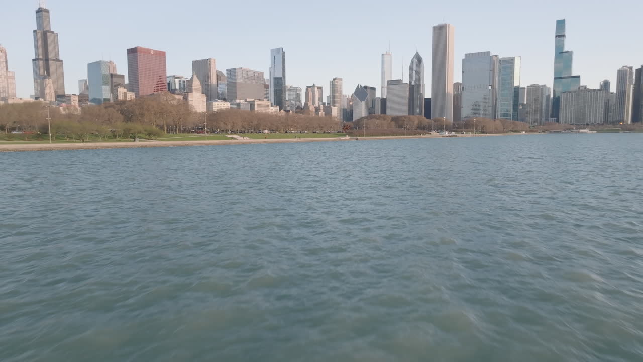 Aerial view of Chicago and Lake Michigan at sunrise