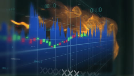 animación del procesamiento de datos financieros y estadísticas sobre la llama