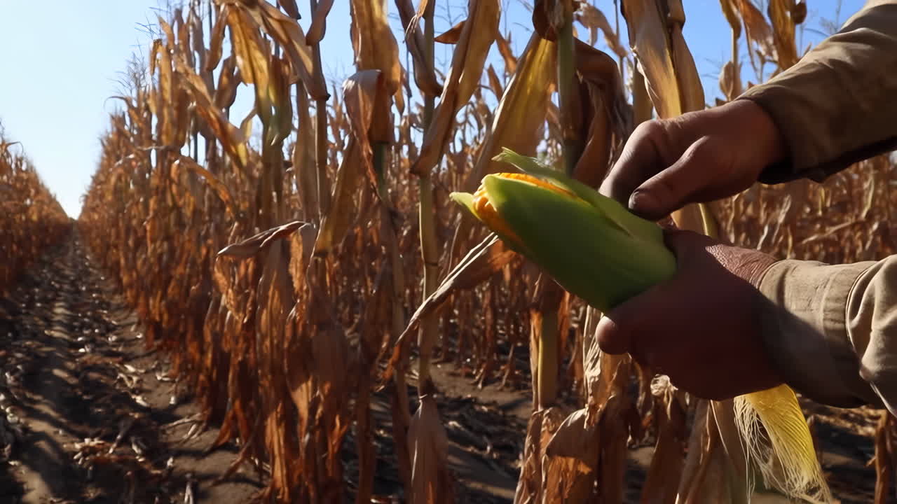 Hands Peeling a Corn Cob in a Dry Cornfield During Harvest