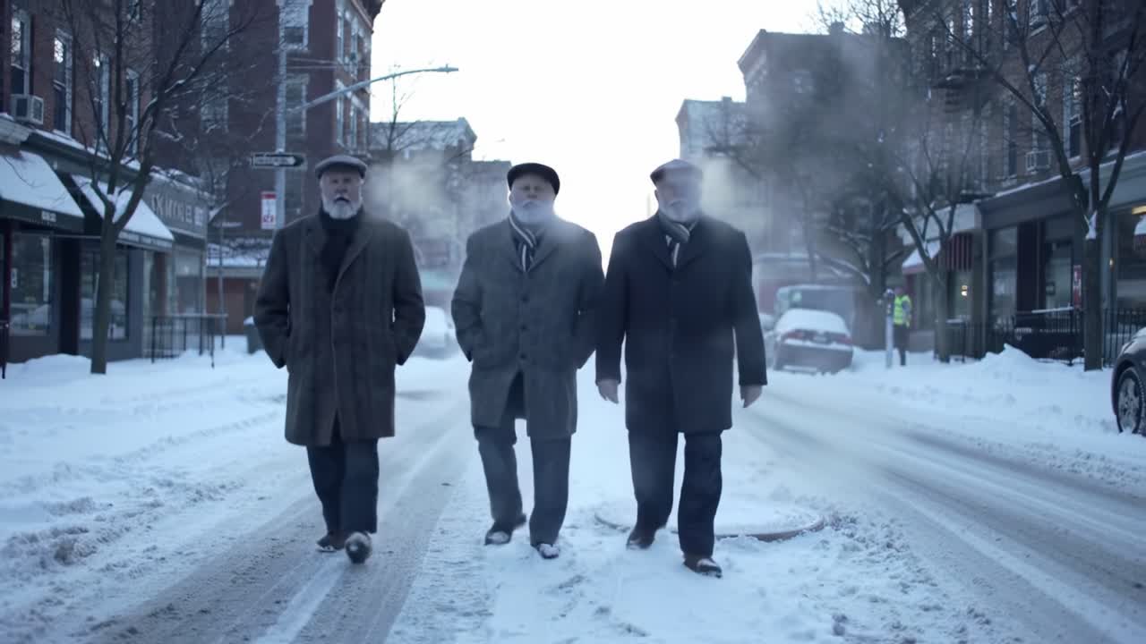 Three Elderly Men Strolling in a Snowy Cityscape, Their Breath Visible in the Cold Air, Exuding a Sense of Friendship and Winter Coziness Amidst the Snow