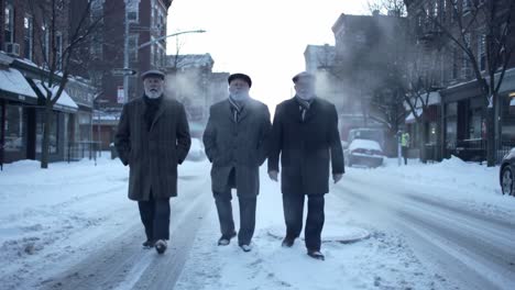 three elderly men strolling in a snowy cityscape, their breath visible in the cold air, exuding a sense of friendship and winter coziness amidst the snow