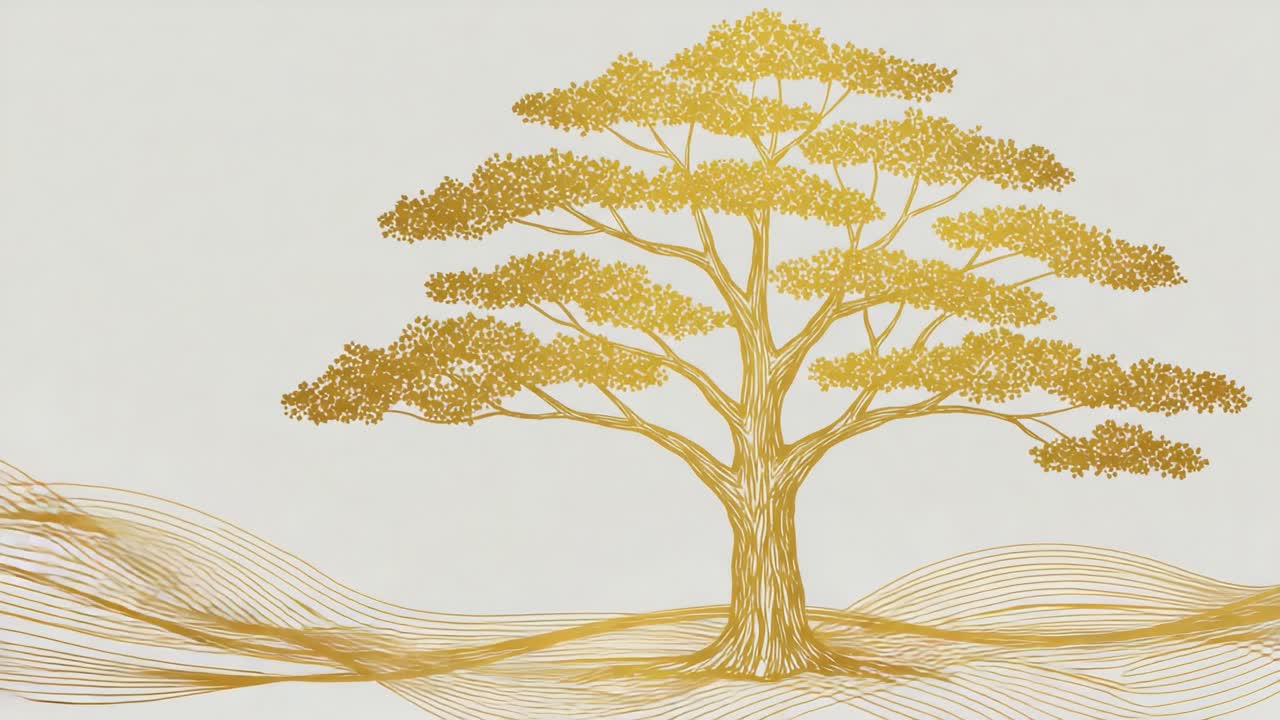 Elegant Golden Tree Illustration with Waves - A Beautiful Representation of Nature's Serenity and Artistic Interpretation in Minimalist Style
