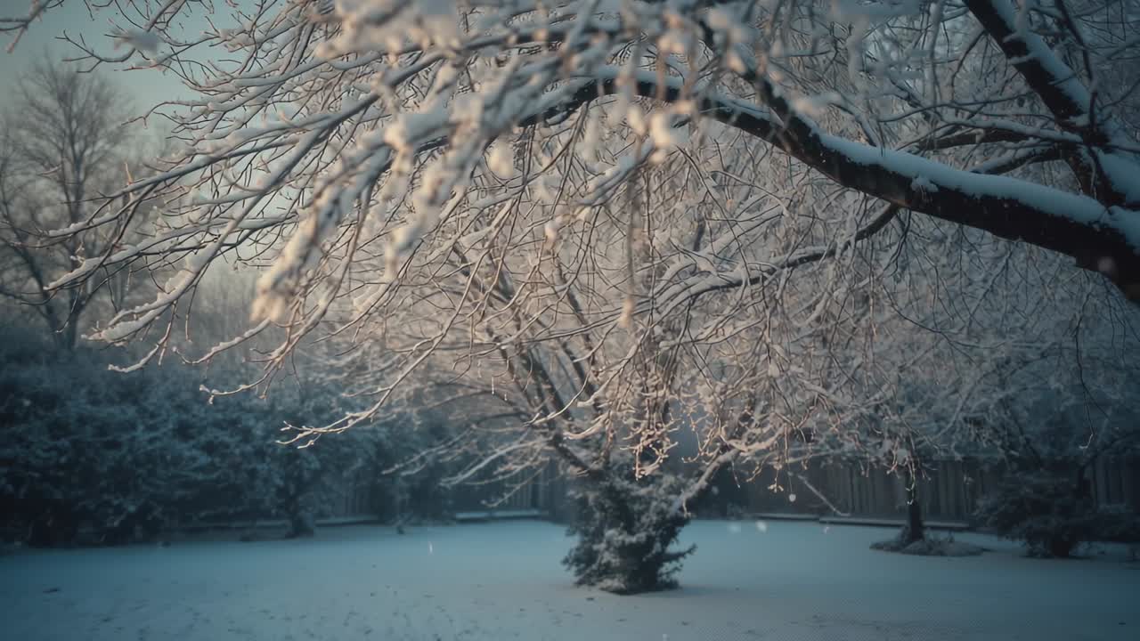 Opening shot capturing swaying snow-laden branch over back garden, with drifting snowflakes