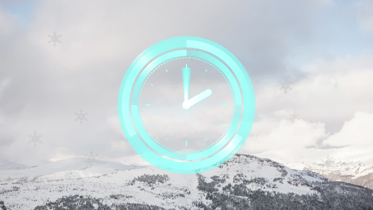 눈 인 산꼭대기 위의 시계 손과 눈송이와 함께 원형 스캐너의 애니메이션