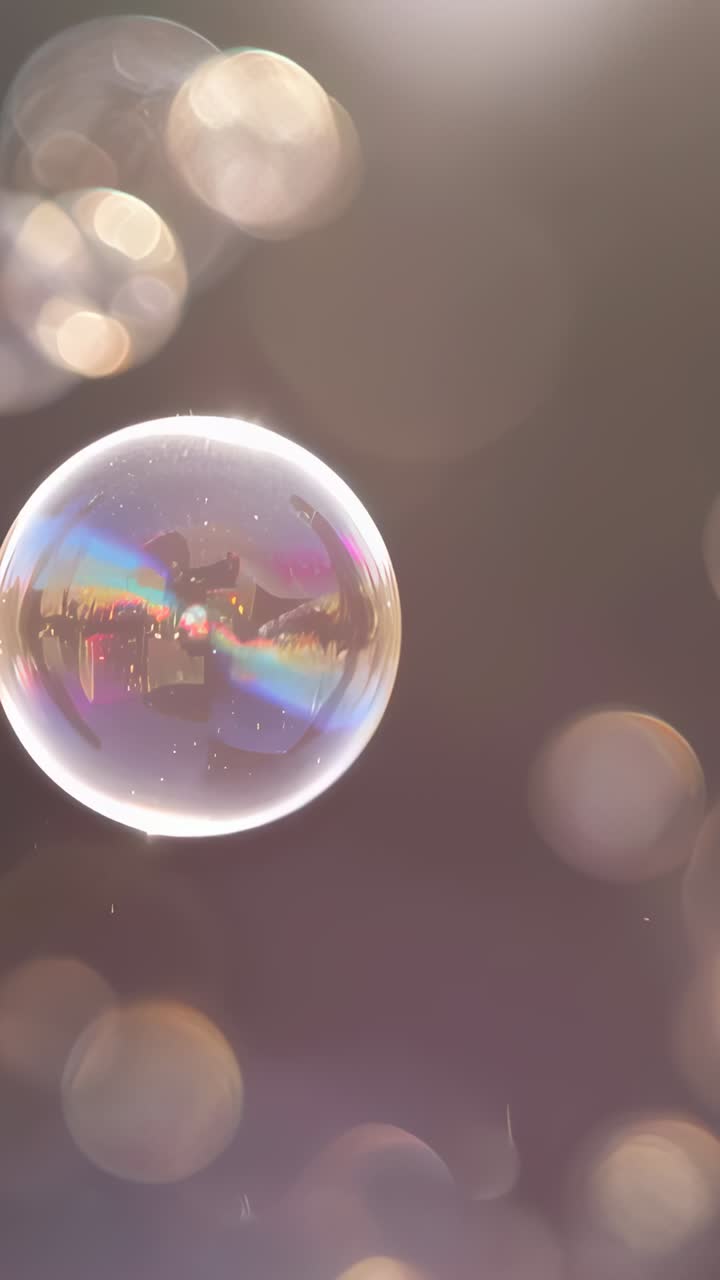 Video verticale: bolla di sapone che fluttua e ruota in un ambiente poco illuminato, spostata dall'aria con effetto bokeh e piccole bolle