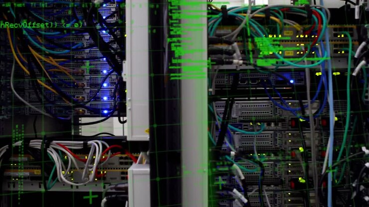Animation of data processing over close up of computer server