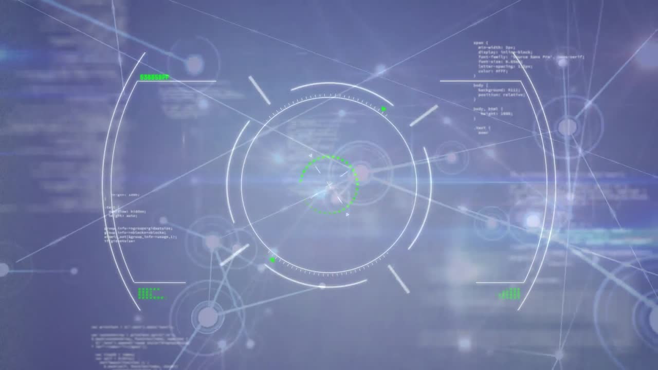 어두운 파란색 배경에 움직이는 표적의 애니메이션과 데이터 처리