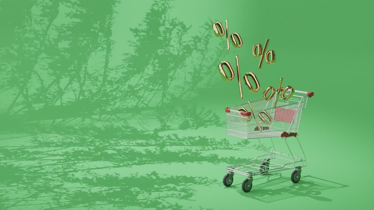 백분율 할인 쇼핑 카트 초록색 배경으로 3d 애니메이션