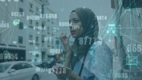 animation of numbers, connected icons globes, biracial woman wearing hijab applying cream on lips