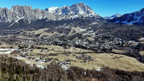 the village of cortina d'ampezzo drone take off revealing scenic idyllic italian town in the dolomites