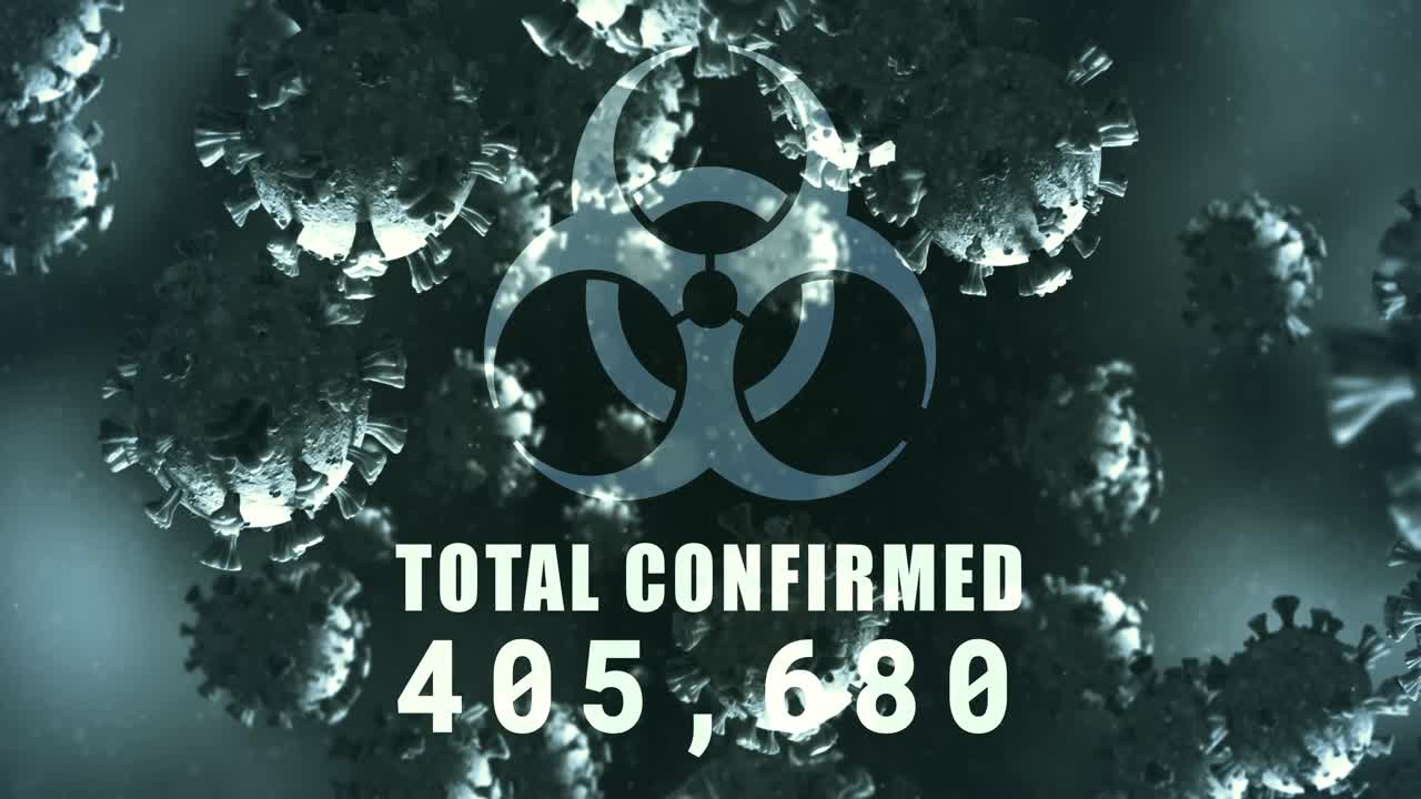 animación de un signo de peligro para la salud sobre células de coronavirus flotando en un líquido 4k