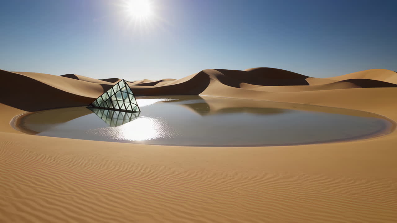 A Glass Pyramid Oasis in a Vast Desert Landscape