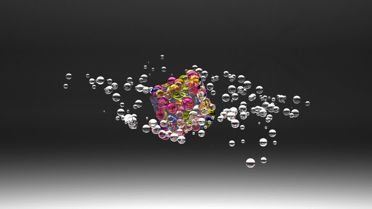 추상적인 구체 분홍색, 색, 노란색 입자 모션 3d 렌더링