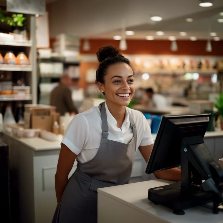 Giovane barista felice che lavora al sistema POS di un caffè
