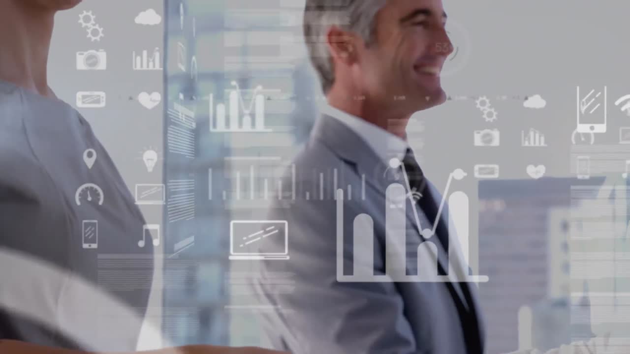 animación de estadísticas y procesamiento de datos sobre el apretón de manos de un empresario