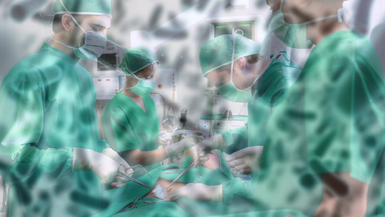 수술 중에 의사 위에 떠다니는 바이러스 세포의 애니메이션