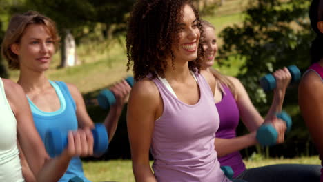 in high quality format fitness group lifting hand weights in park