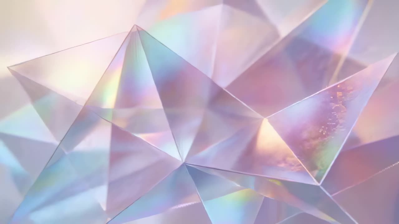 Shifting camera showing rotating prism with tiny bubbles in studio macro, to reveal prismatic glow