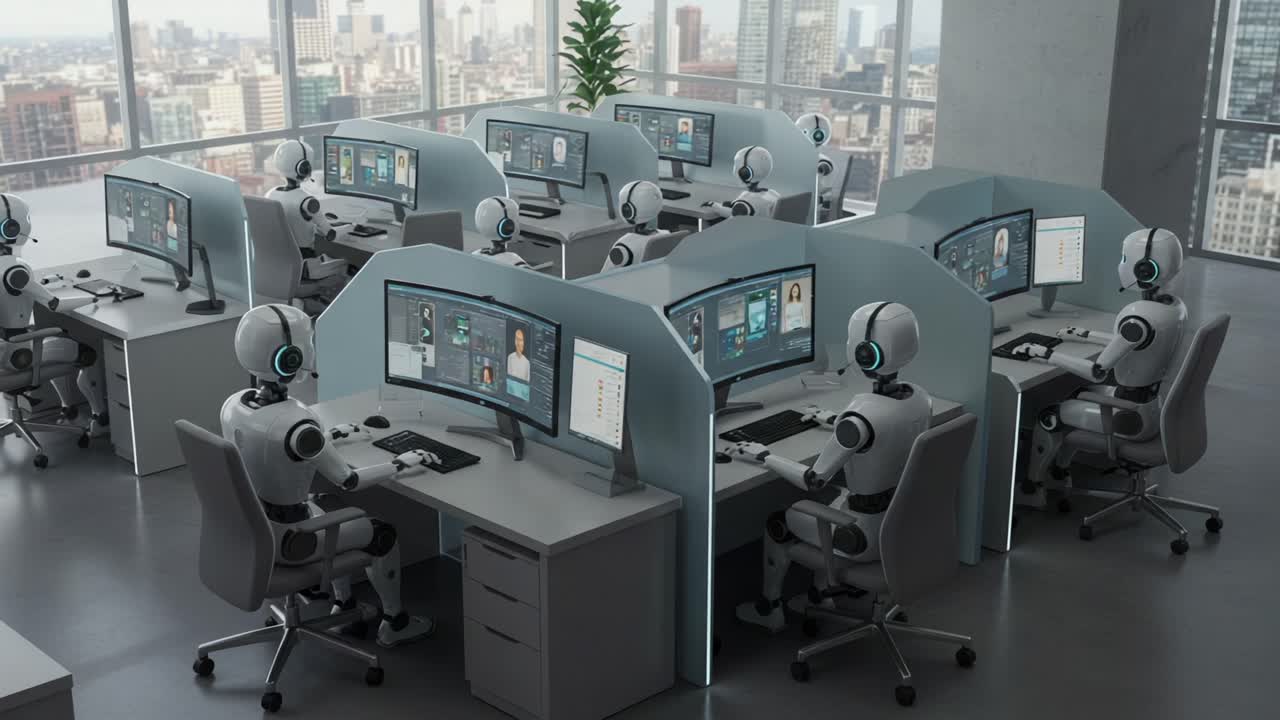A Modern Office Environment Featuring Advanced Robotic Workstations with Multiple Robots Engaged in Digital Tasks, Showcasing Futuristic Technology and Design