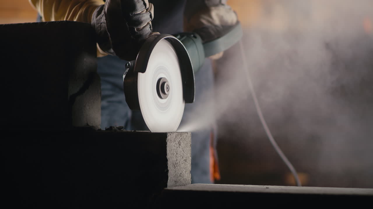 Worker cutting concrete block with circular saw