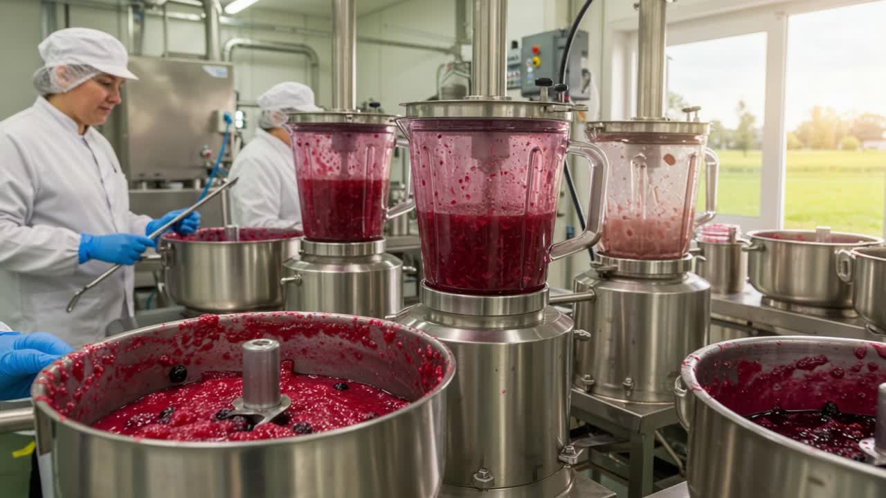 Workers in a Food Processing Facility Prepare Fresh Berry Blends in Industrial Blenders, Focusing on Quality Control and Cleanliness for Optimized Production Processes