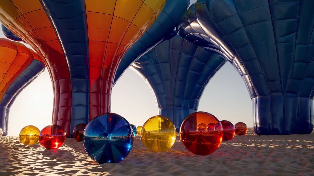 Giant colorful inflatable sculptures resembling hot air balloons stand on a sandy beach at sunrise, with reflective spheres scattered around, creating a surreal and dreamy atmosphere