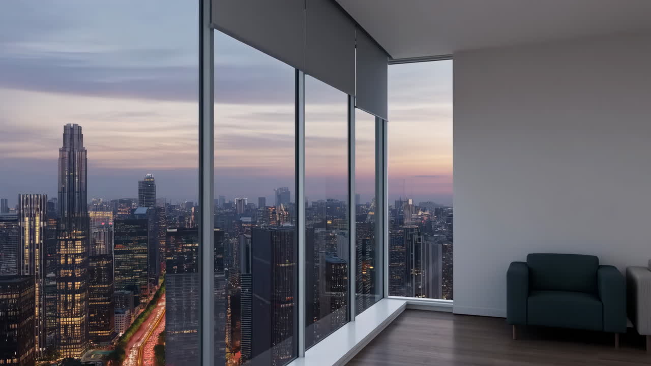 City Skyline View from a Modern Interior at Dusk
