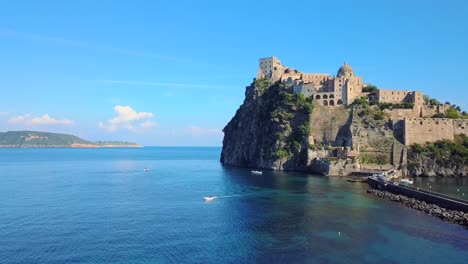 Drone-footage-of-castle-aragonese-in-ischia,-italy