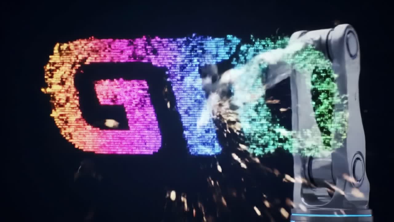 A robotic arm performs dazzling light displays, intricately crafting vivid digital patterns with sparks, showcasing advanced technology in the realm of automation and design