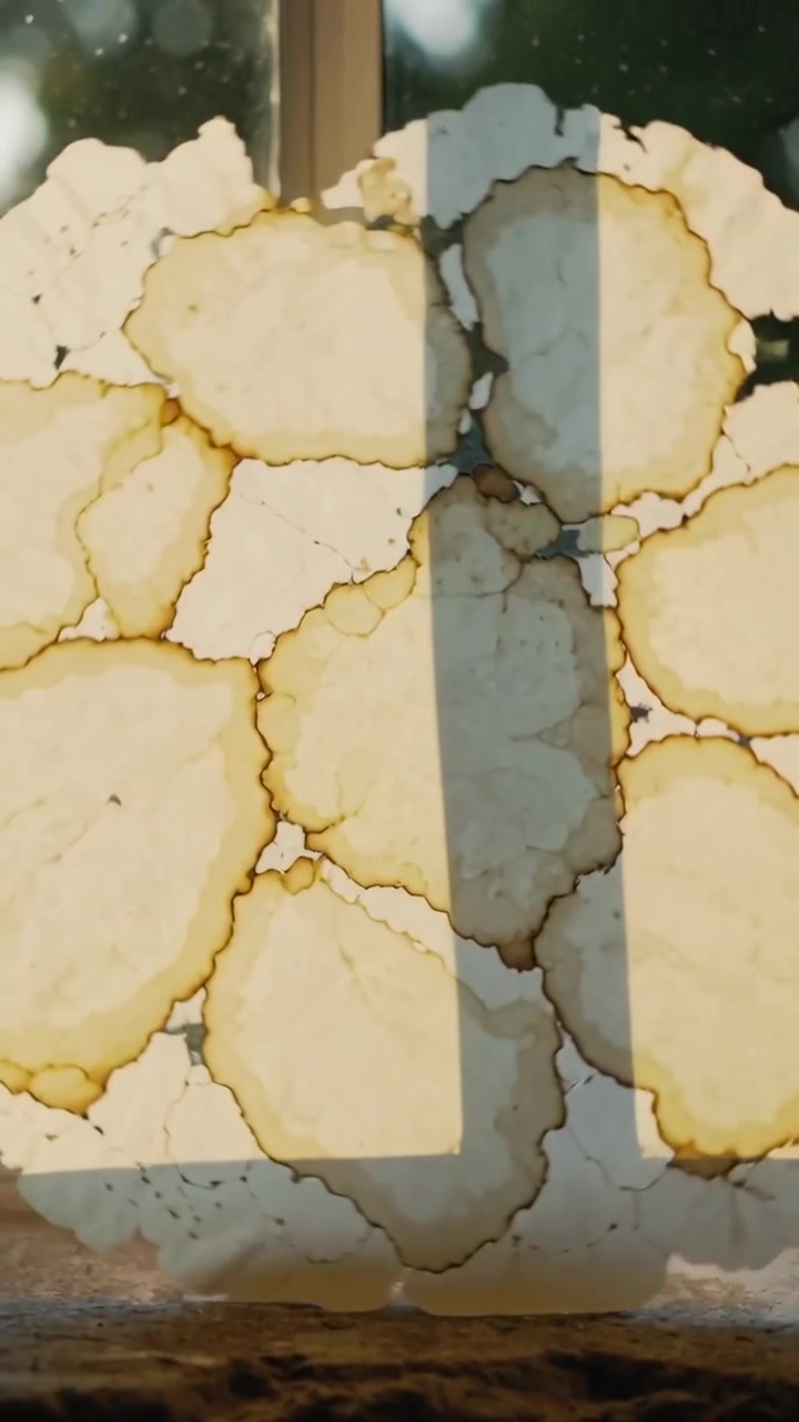 Video verticale: La luce solare splendente proietta un'ombra attraverso un lenzuolo macchiato su un vetro, rivelando anelli ambrati.