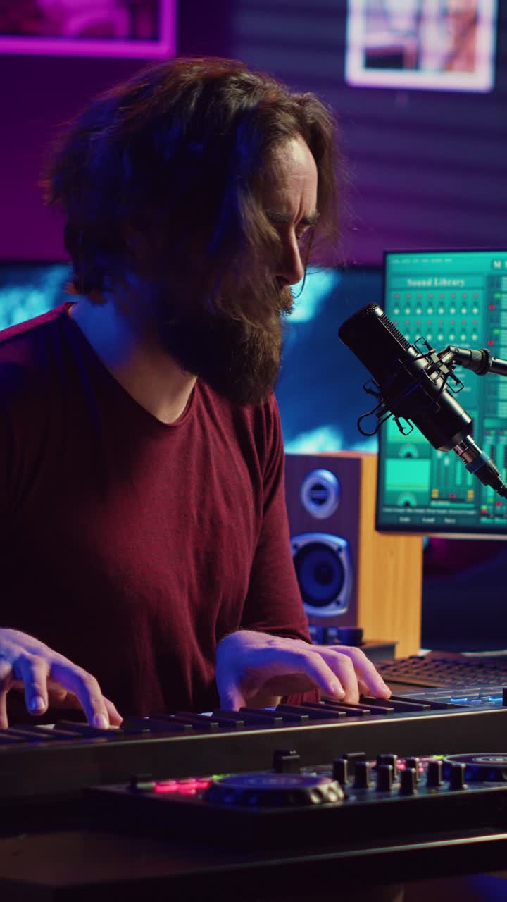 Man Playing Keyboard and Producing Music in Home Studio