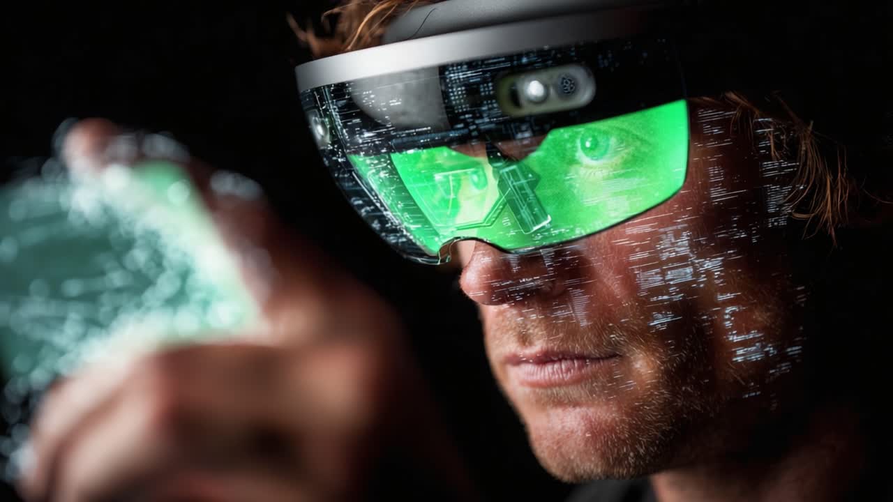Exploring Augmented Reality: A Close-Up of an Individual Utilizing Advanced Mixed Reality Technology for Interactive Data Visualization and Engagement