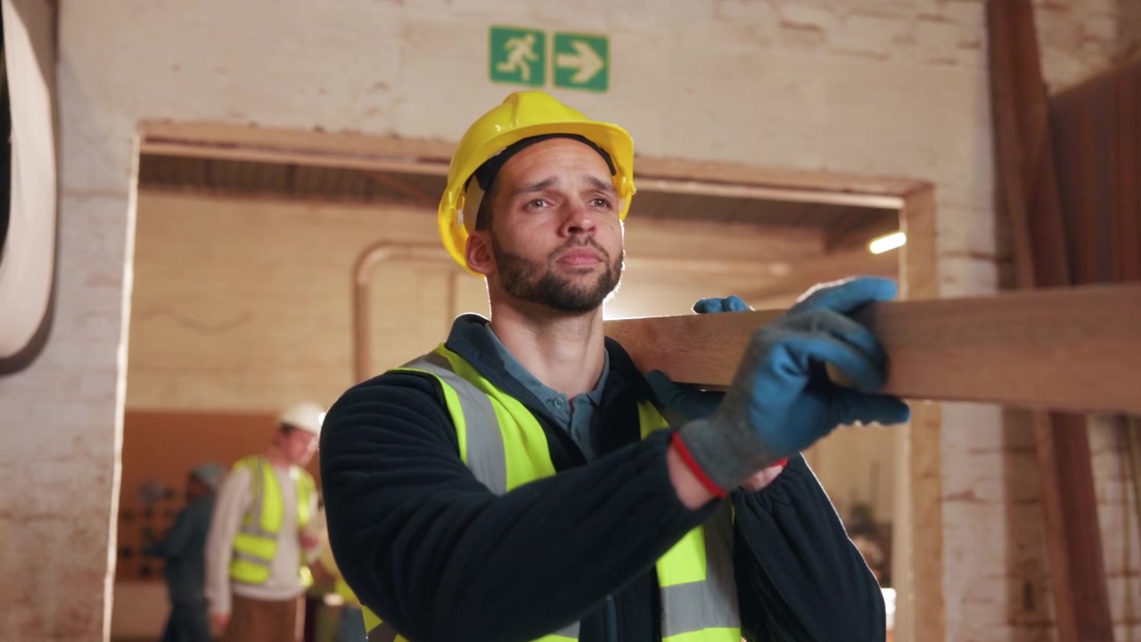 Construction Worker Carrying Wooden Plank in Workshop