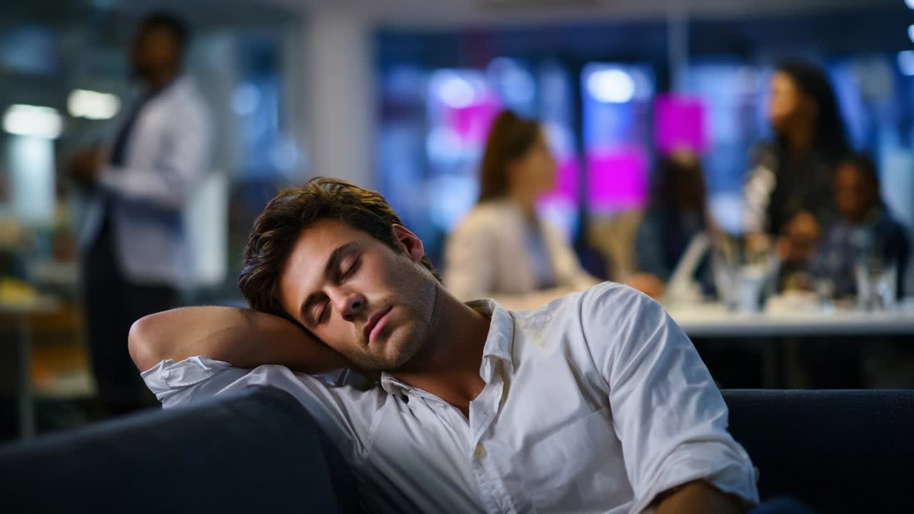 A Young Man Deeply Asleep on a Couch in a Busy Modern Office Environment with Colleagues Engaged in Conversations and Activities, Illustrating a Moment of Rest Amidst Workplace Dynamics
