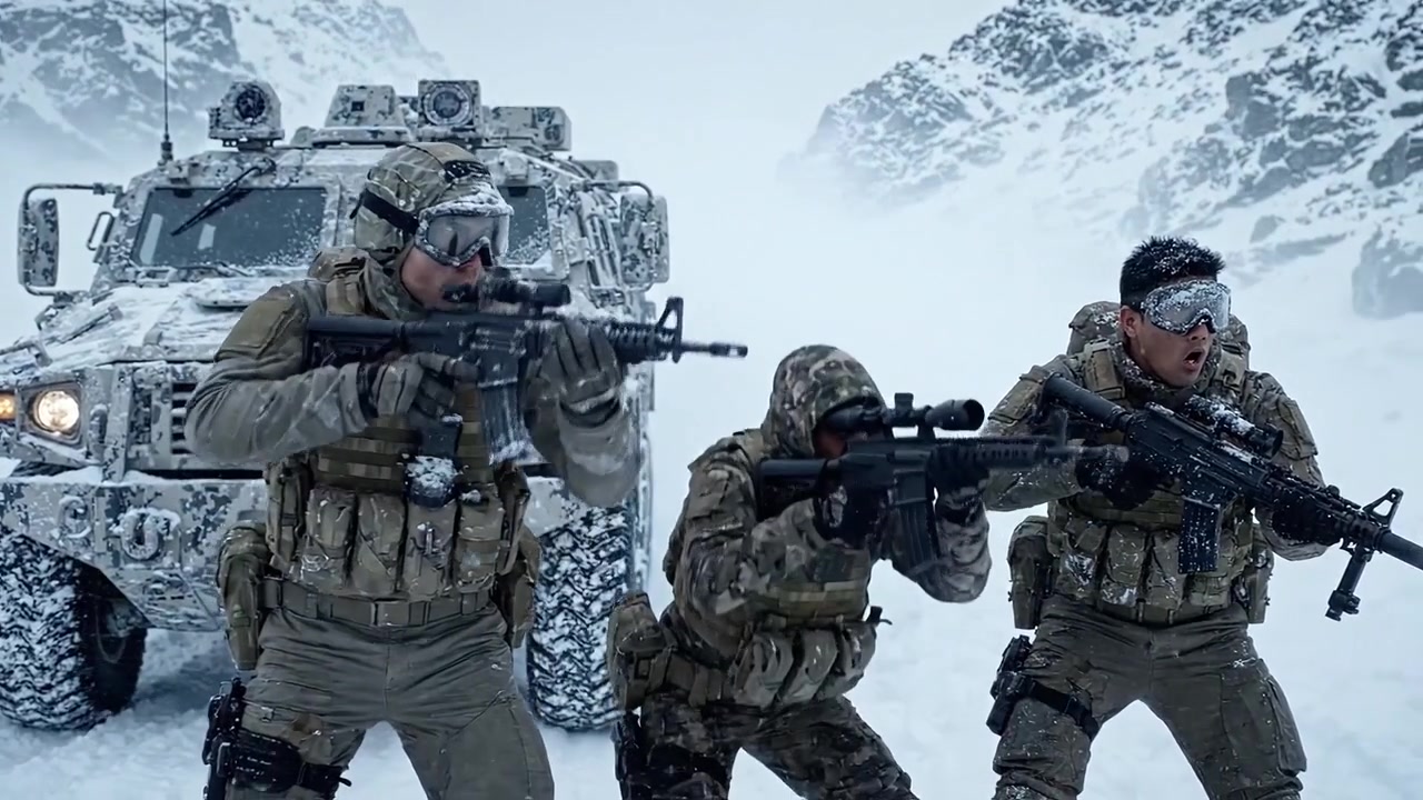 Tre Soldati in Mimetica Invernale si Preparano all'Azione in un Paesaggio Innevato Circondati da Montagne Scoscese e Supporto di Veicoli Militari in Condizioni di Ghiaccio