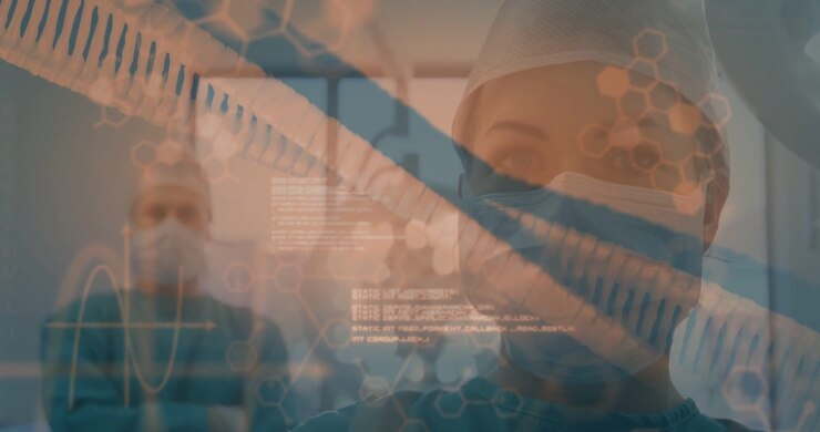 Two docs watching while slanted DNA helix sweeping showing code and staff detail aiding diagnosis