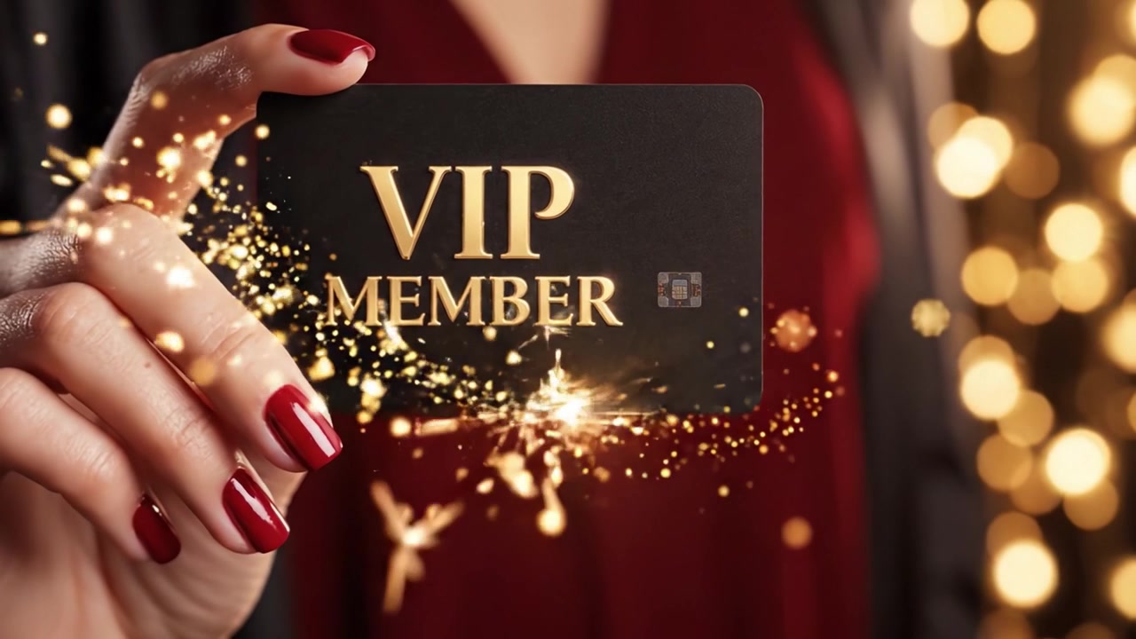 Una elegante y exclusiva tarjeta de membresía VIP sostenida por una persona, brillando bajo una suave iluminación ambiental, simbolizando lujo y privilegio en un entorno glamuroso.