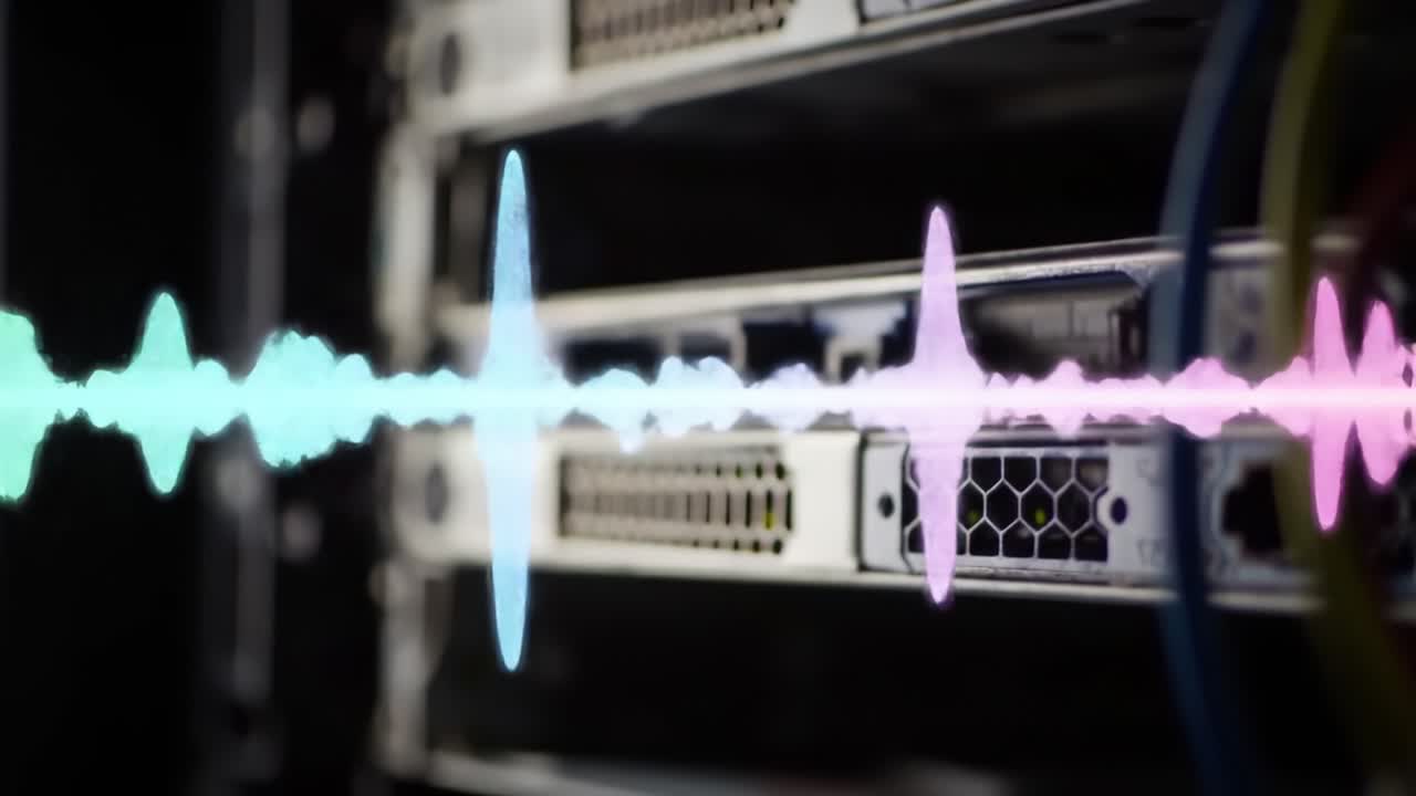 Captivating Sound Waves Visualized Between Server Racks: A Stunning Display of Audio Signal Patterns Emphasizing Technology and Art Intertwined
