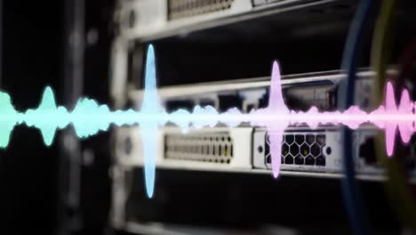 captivating sound waves visualized between server racks: a stunning display of audio signal patterns emphasizing technology and art intertwined