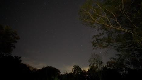 Hermoso-Timelapse-Escénico-Del-Cielo-Nocturno-Con-Estrellas-Contra-El-Cielo-Oscuro-En-El-Campo-Australiano-Con-árboles,-4k