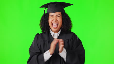 Graduation,-green-screen-or-excited-face-of-woman