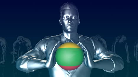 man holding flag of myanmar as global sphere
